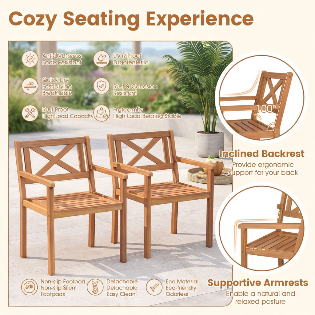 Hommoo Set of 2 Outdoor Acacia Wood Patio Dining Chairs, Teak Finish, Ergonomic Slatted Design for Deck, Porch & Garden, Natural