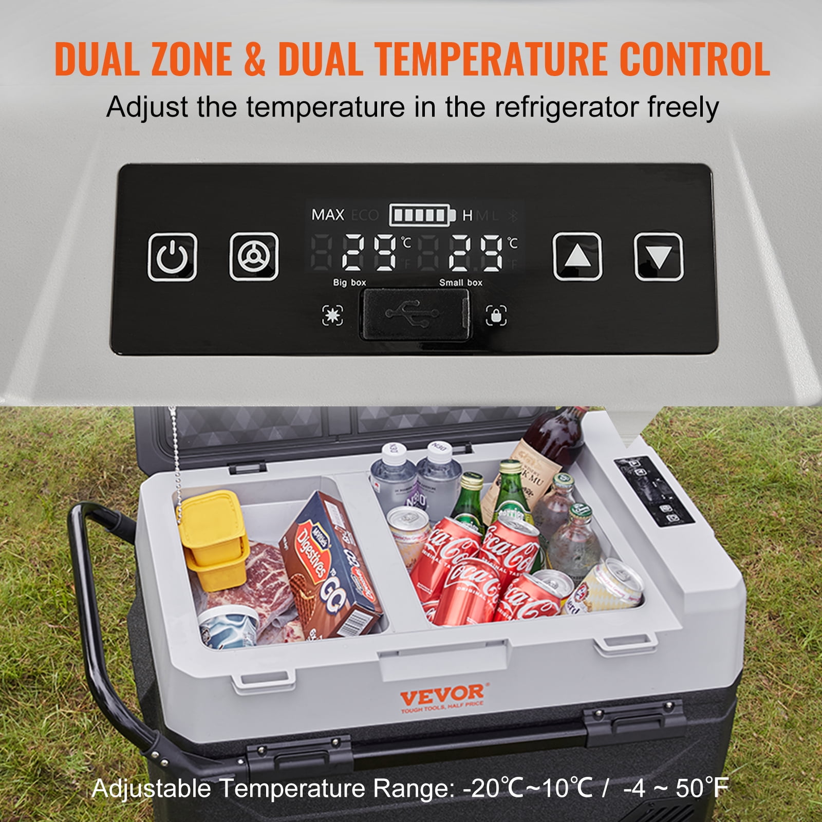 VEVOR Car Refrigerator 40Qt, 12v Portable Freezer with  Dual Zone, 12/24V DC & 110-240V AC Electric Cooler with -4℉-50℉ Cooling Range, for Car Truck Vehicle RV Boat Outdoor & Home use