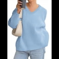 thumbnail image 3 of Suéteres de Cuello en V para Mujer, Suéteres Negros, Tops de Punto Básicos de Otoño con Dobladillo Alto y Bajo, Suéter Informal. Azul L, 3 of 7