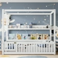 thumbnail image 2 of Twin Size Canopy Bed Frame with 2 Tier Storage Shelves, Solid Wood Montessori Floor Bed with Fence and Door, No Spring Box Needed, White, 2 of 7