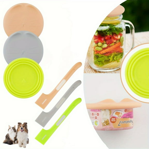 Pet Food Can Covers Lids with Spoon Set, 6 Pack Universal Silicone Lids for Dog and Cat Food Cans, Wet Food Mixing Spoon Included
