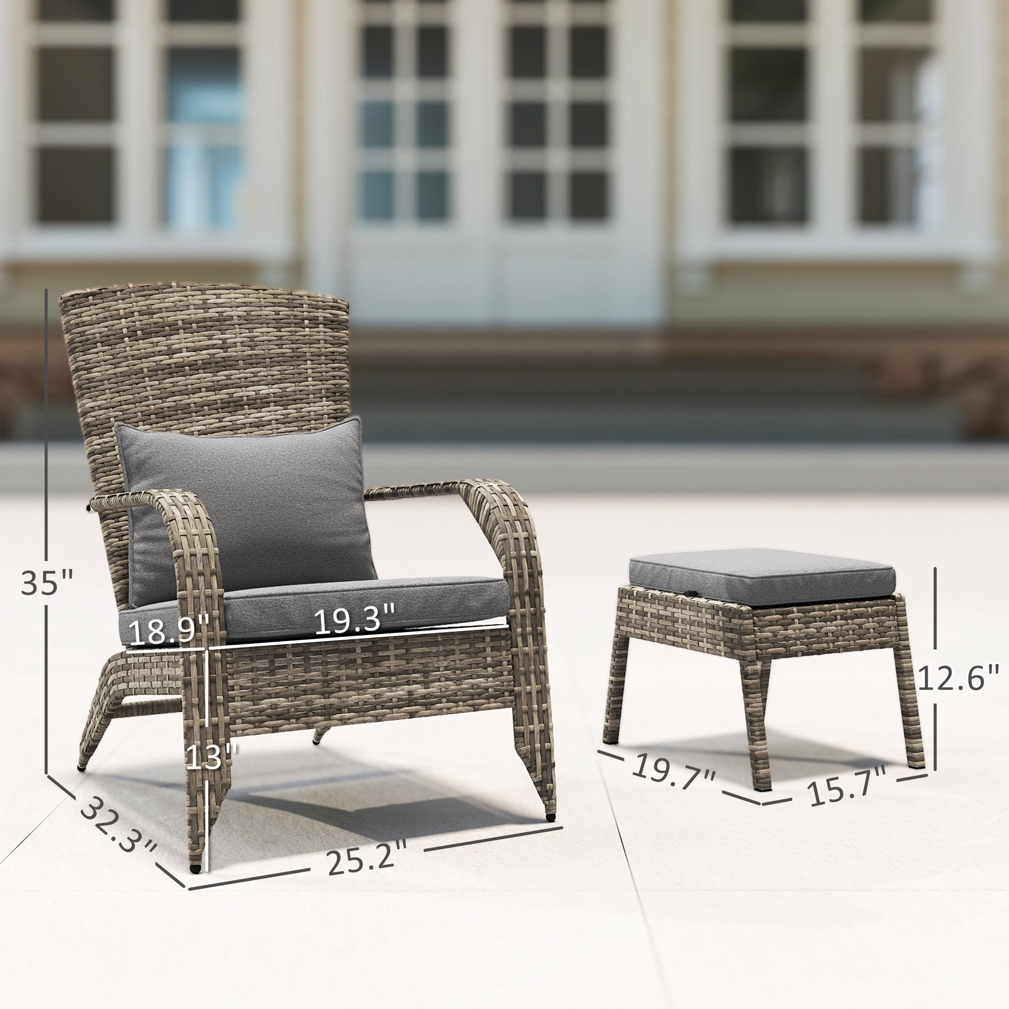 Patio Wicker Adirondack Chair with Ottoman, Outdoor Fire Pit Chair with Cushions, High-Back, Large Seat & Armrests for Deck, Garden & Backyard, Gray