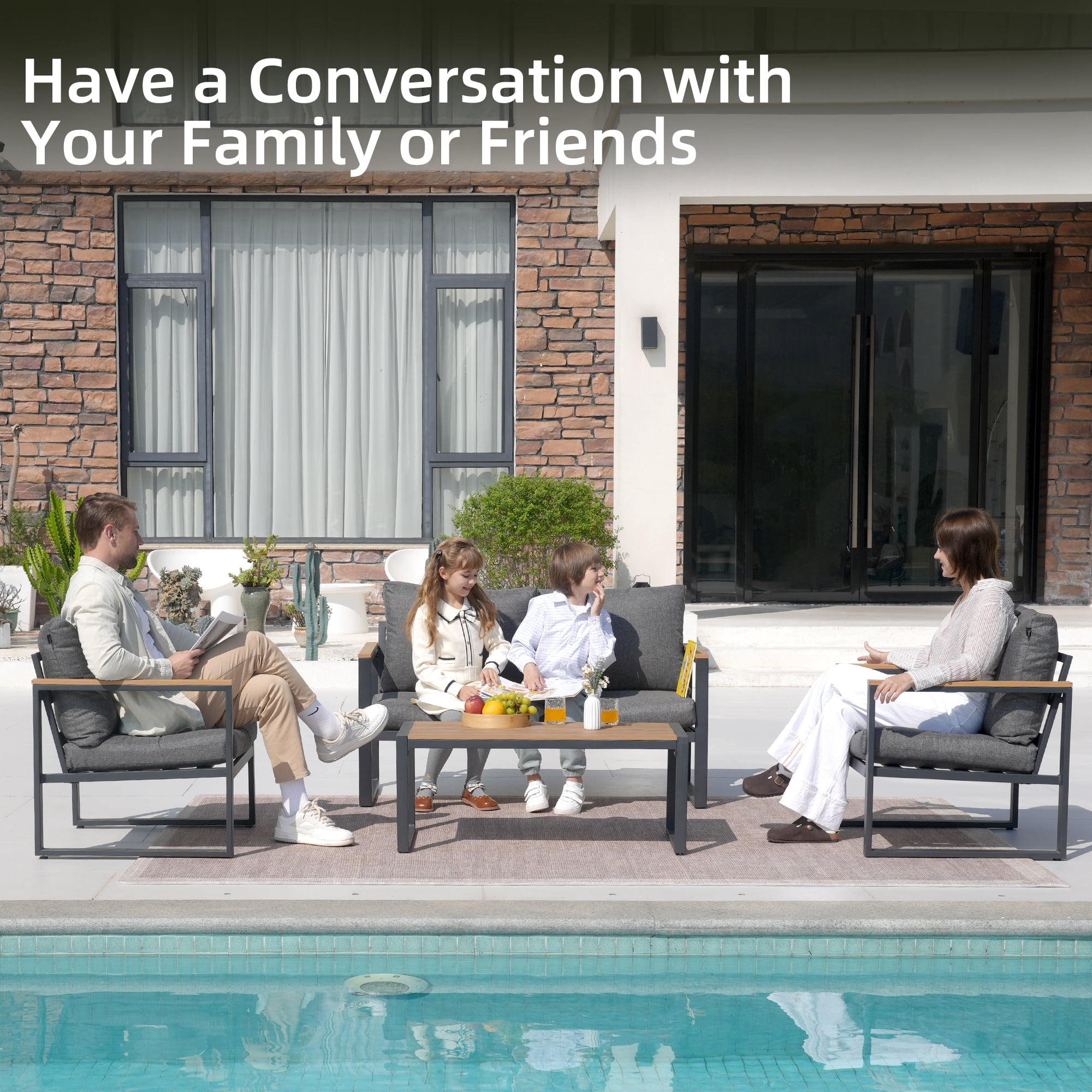 COMLAX FIELD 4-Piece Patio Furniture Set, Metal Outdoor Conversation Set with Coffee Table & Removable Cushions