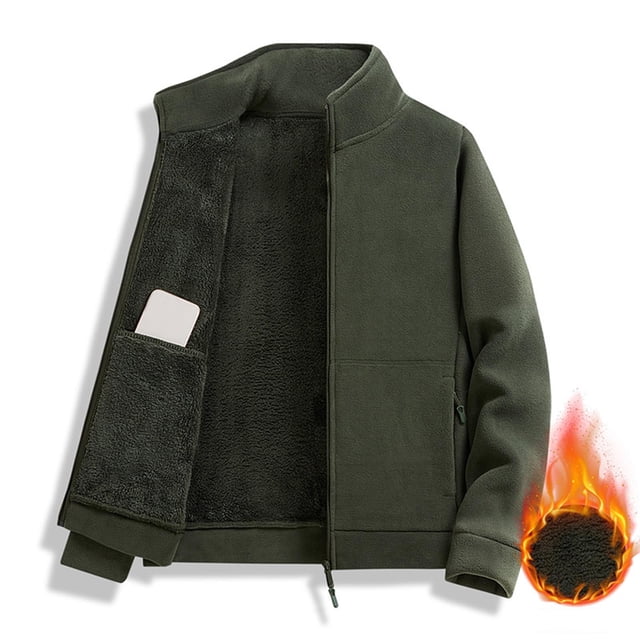 Men's Thick Fleece Jacket with Zipper Pockets and Stand-Up Collar for Warm Outdoor Protection