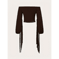 thumbnail image 2 of ZOELNIC Women's Off The Shoulder Fringe Trim Tops Western Cowgirl Long Sleeve Crop Top Tassel Shirt Blouses, M, 2 of 4