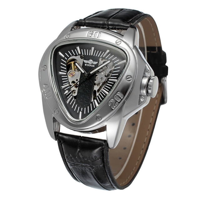 Reloj de pulsera mecánico automático para hombre con correa de PU (negro y plateado)