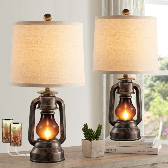 Lámpara de mesa RORIANO estilo farol con doble puerto USB, 56 x 25 cm, juego de 2