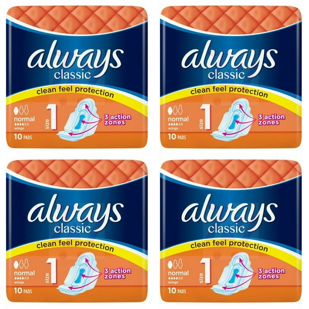 Pack of 4 Always Classic Pads with Wing Normal Size Clean Feel Protection 40 count