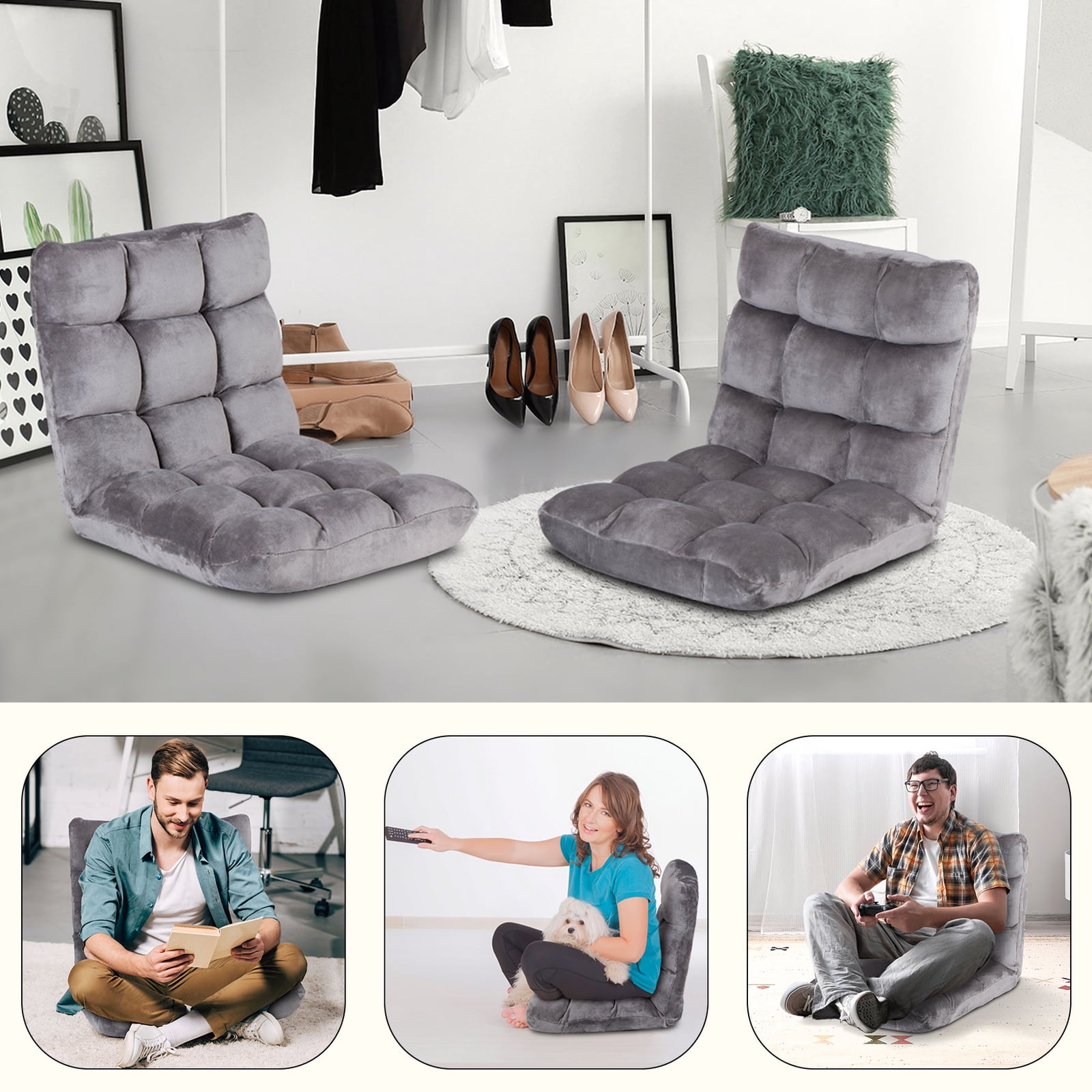 WDZS 14-Position Folding Floor Chair Gaming Sofa Cushioned Padded Reclining Bed Lounge Couch Seating for Comfy Reading, Reading, Gaming, Relaxing, Watching TV,Gray