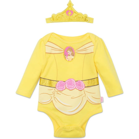 Disney Princess Belle Baby Girls' Costume Long Sleeve Bodysuit and Tiara Headband Yellow, 6-9 Months