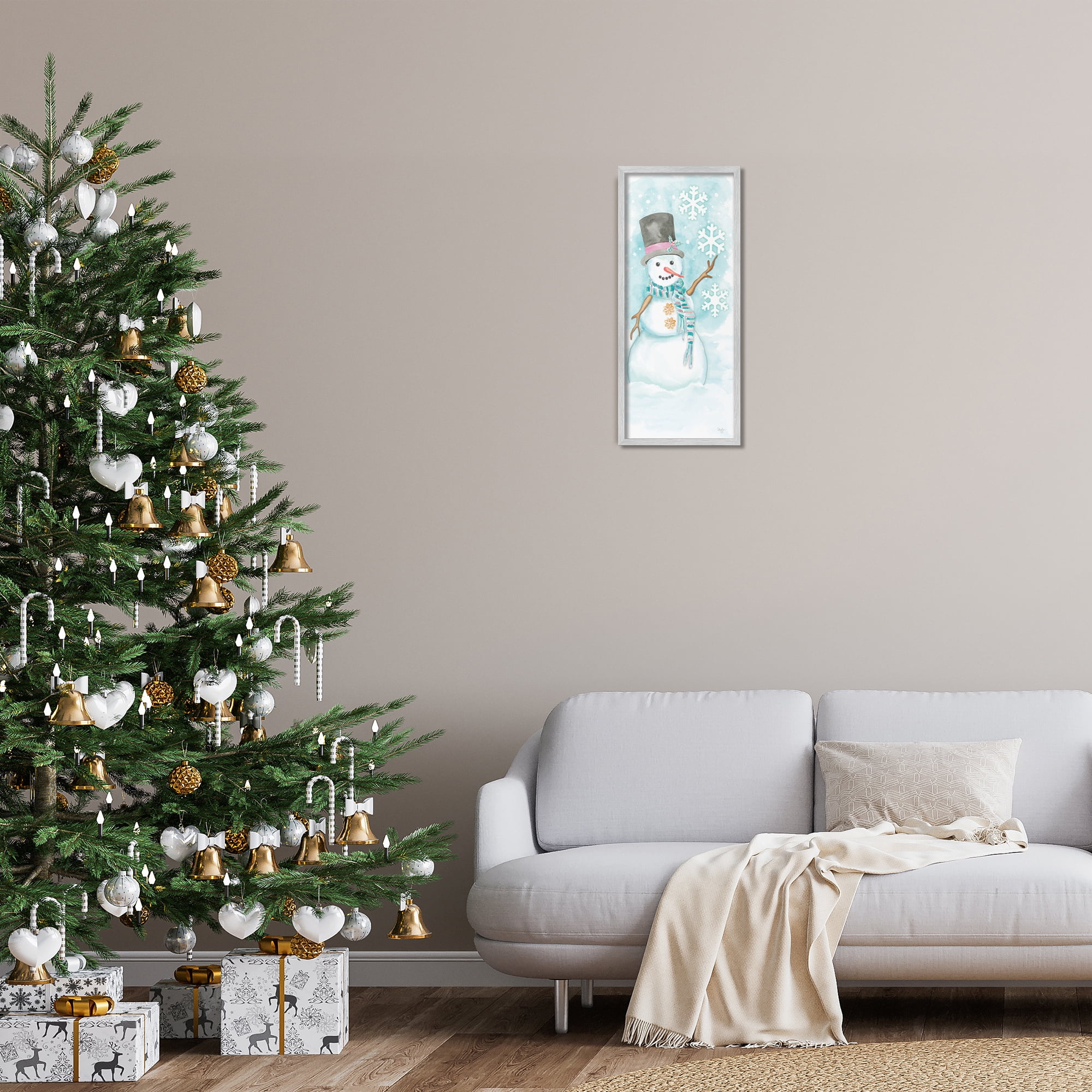 Stupell Industries Waving Snowman Greeting Holiday Painting Gray Framed Art Print Wall Art, 10 x 24