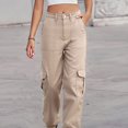 thumbnail image 7 of Bigersell Women High Waisted Cargo Pants Multiple Pockets Regular Straight Jeans Wide Leg Pants Button Closure Stretch Denim Jeans Pants KhakiL, 7 of 7