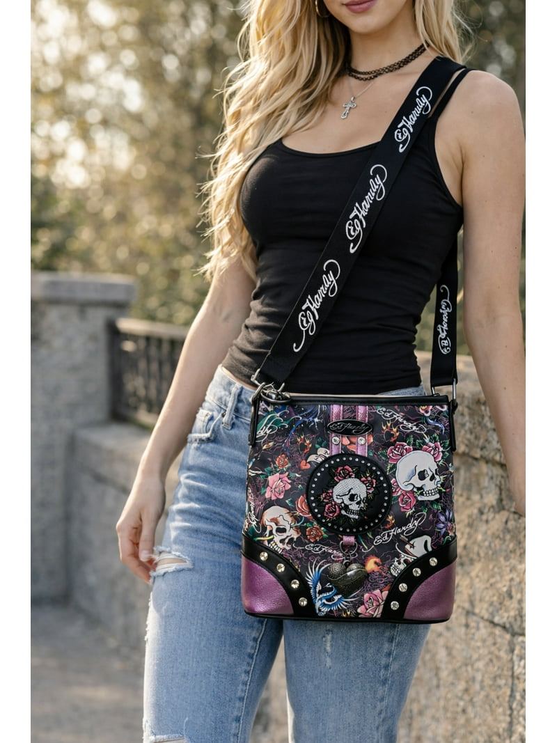 Ed Hardy Skull & Roses Crossbody Bag, Slim Vertical Tattoo Print