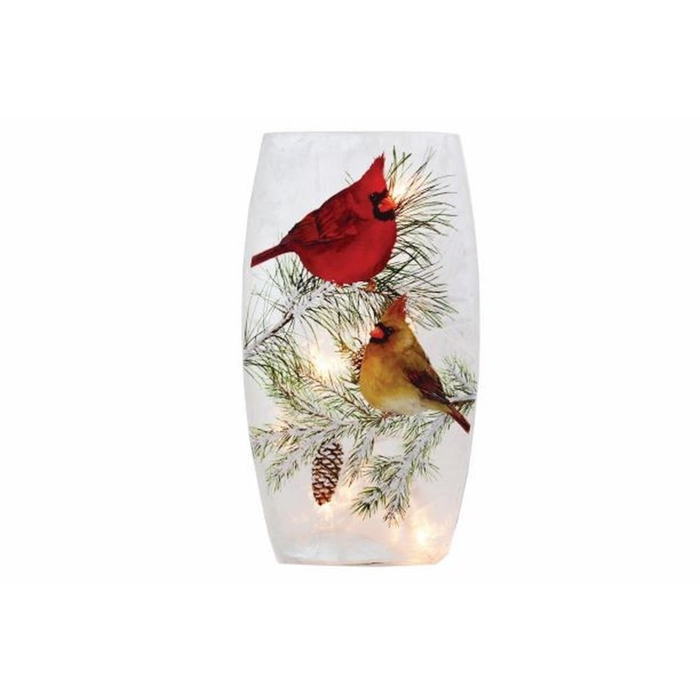 Frosted Glass Christmas Cardinals Stony Creek 7 Lighted Vase