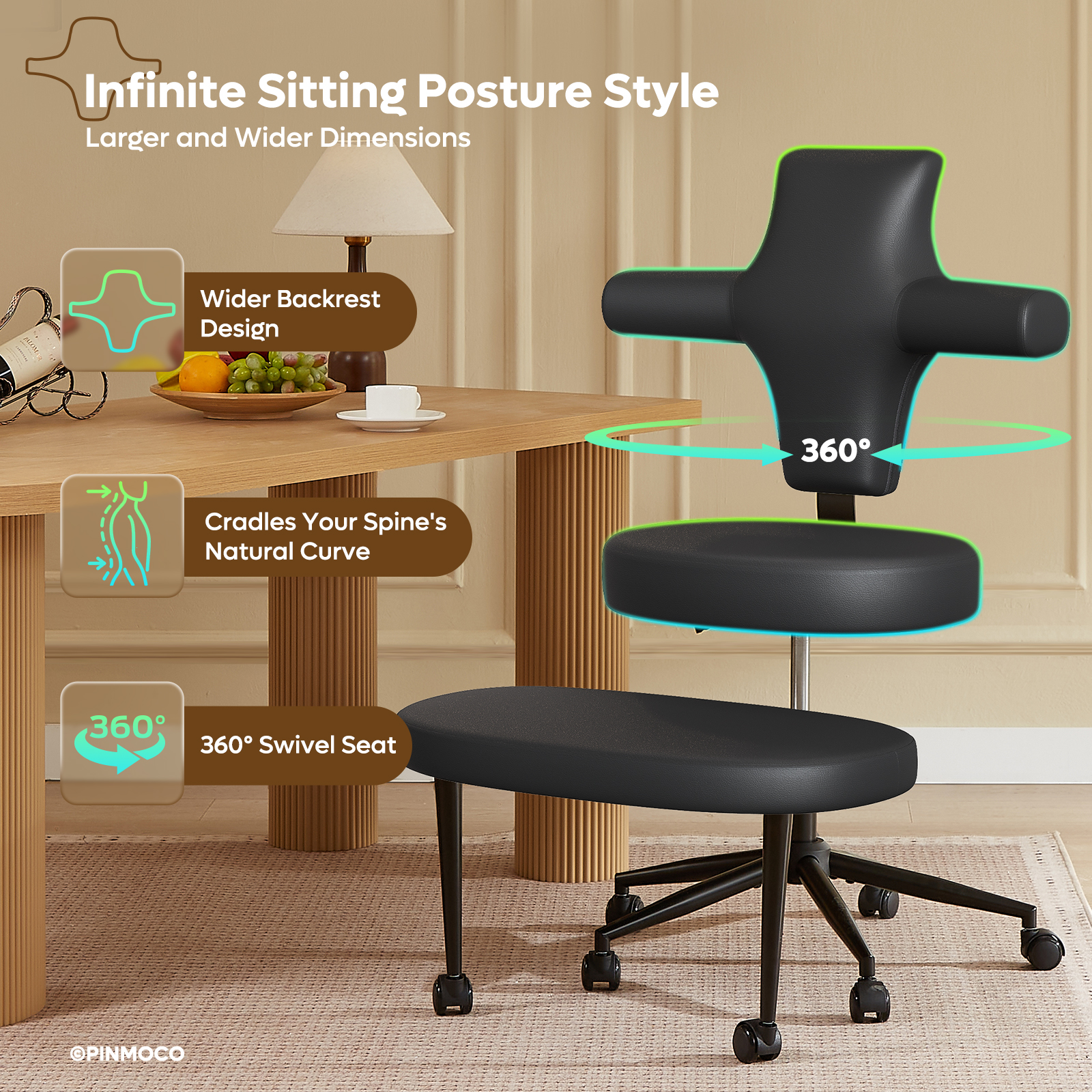 Pinmoco Ergonomic Adhd Chair with Backwards Comfort, PU Leather Cross Legged Office Chair, Extra Wide Swivel for Home Office, Black