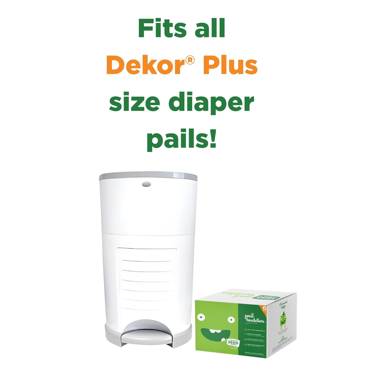 Diaper Pail Refills | 6 Count Value Pack Holds 3,600 Diapers | Compatible with Dekor Plus Diaper Pail | Strong, Durable Refill Bags with Odor Eliminating Baby Powder Scent