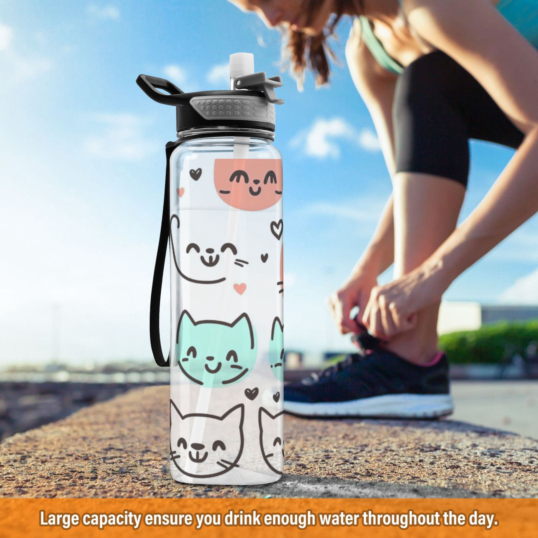 Whimsical Kittens 1000ml Tritan Sport Bottle Straw LeakProof Food-Grade Portable Wide Handle