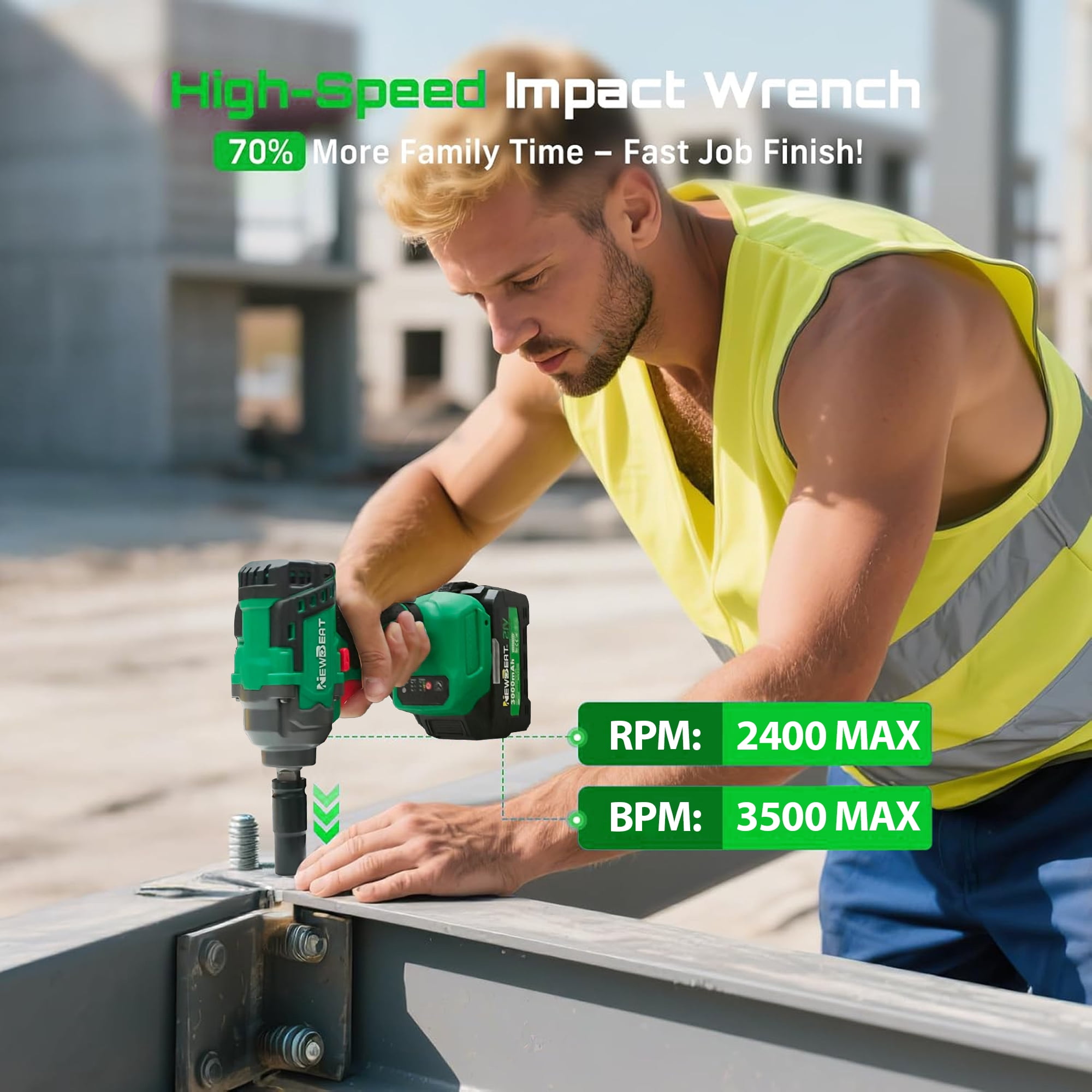 NEWBEAT Cordless Impact Wrench Set, 1/2 inch Impact Gun, 550 N.m Torque, 21V Brushless, 2400 RPM Variable Speeds for Car Home DIY, Tire Removal Tool