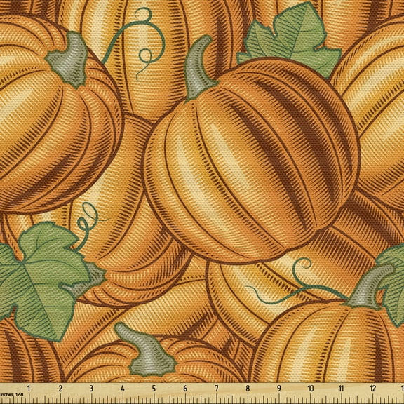 Ambesonne Harvest Fabric by the Yard Upholstery, Vibrant Colored Pumkins, 1 Yard, Orange Green