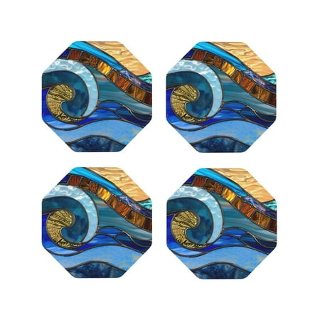 

Leather Coasters Set of 4 - Stained Glass Ocean Wave Lightweight Non-Slip Drink Coasters for Desk Anti-Scalding Desk Cup Coasters for Office Table Decor Octagon