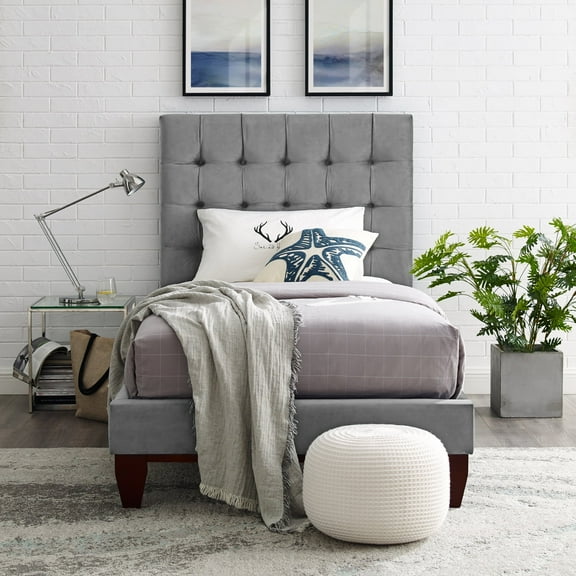 Inspired Home Saverio Velvet Upholstered Platform Bed Frame Full Size Tufted Modern Sturdy Headboard, Grey