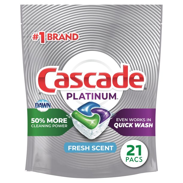 Cascade Platinum Dishwasher Pods, ActionPacs Dishwasher Detergent Tabs, Fresh Scent, 21 Count