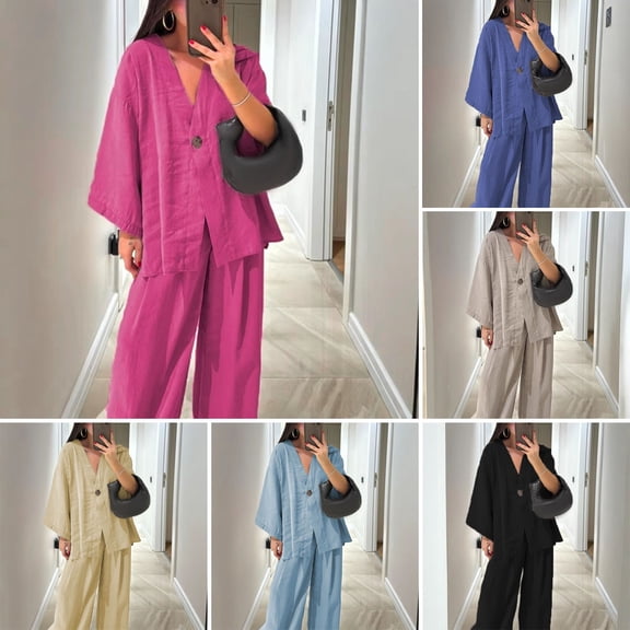 tasrioml Women's Cotton Linen Two Piece Outfit Long Sleeve V Neck Button Top Wide Leg Pants Casual Loungewear Set