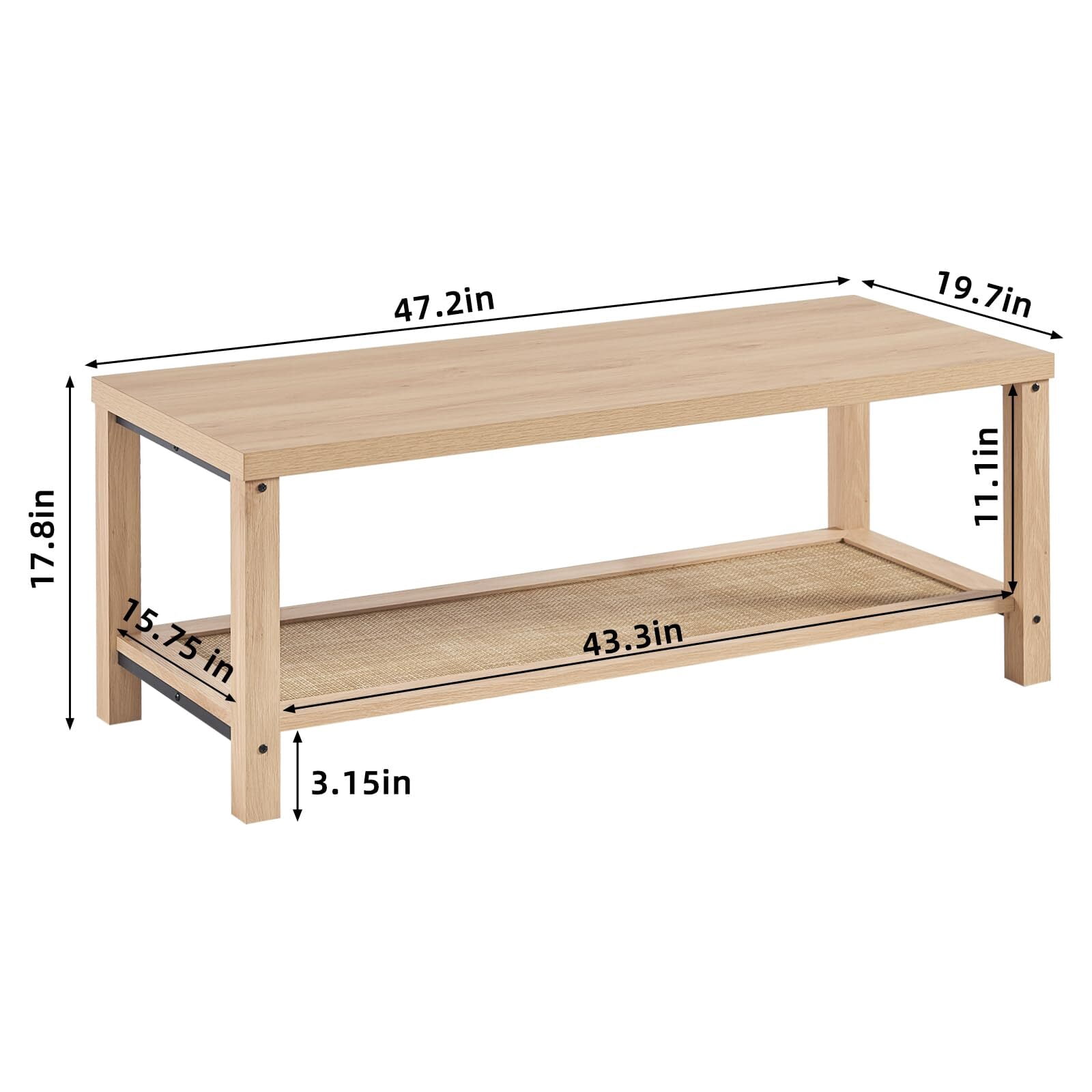 Buildhom Boho Rattan Coffee Table with Woven Open Shelf, Natural Wood Center Table for Living Room, Natural