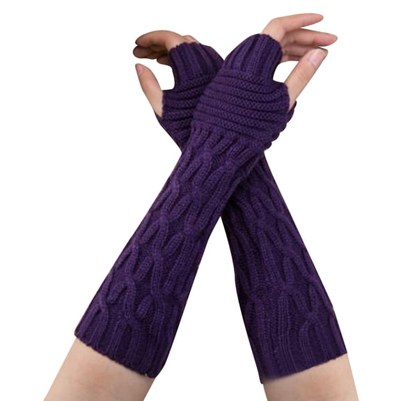 IMENGL Gloves for Women Soft Knitting Wool Half Finger Long Autumn and Winter Warm Dew Finger Sleeve Creased Long Comfy Women's Work Gloves,Purple