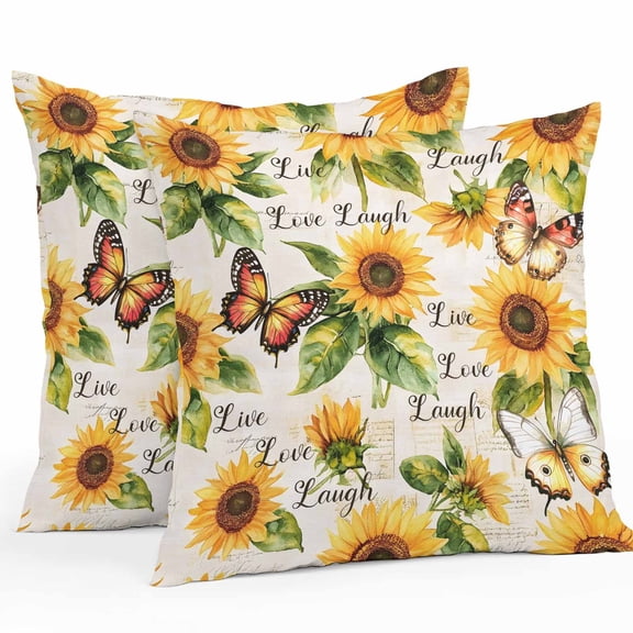 Outdoor Waterproof Pillow Covers Watercolor Sunflower Butterfly Green Plants Decorative Throw Pillow Protectors for Sofa Couch,18x18in 2 Pack