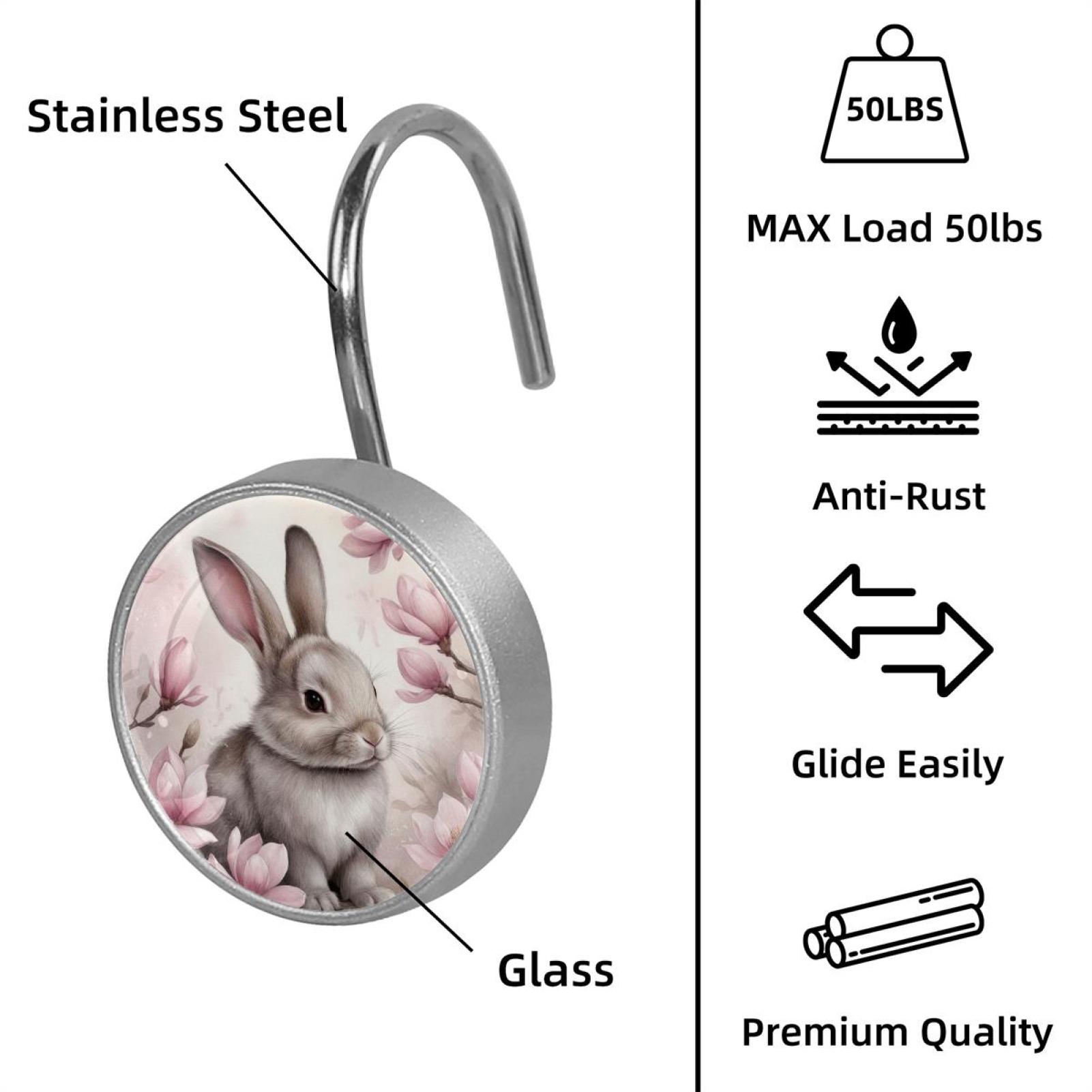 Imobaby 12 Pcs Metal Shower Curtain Hooks Rust Proof for Shower Curtain Liner - Plum Blossom Happy Little Rabbit
