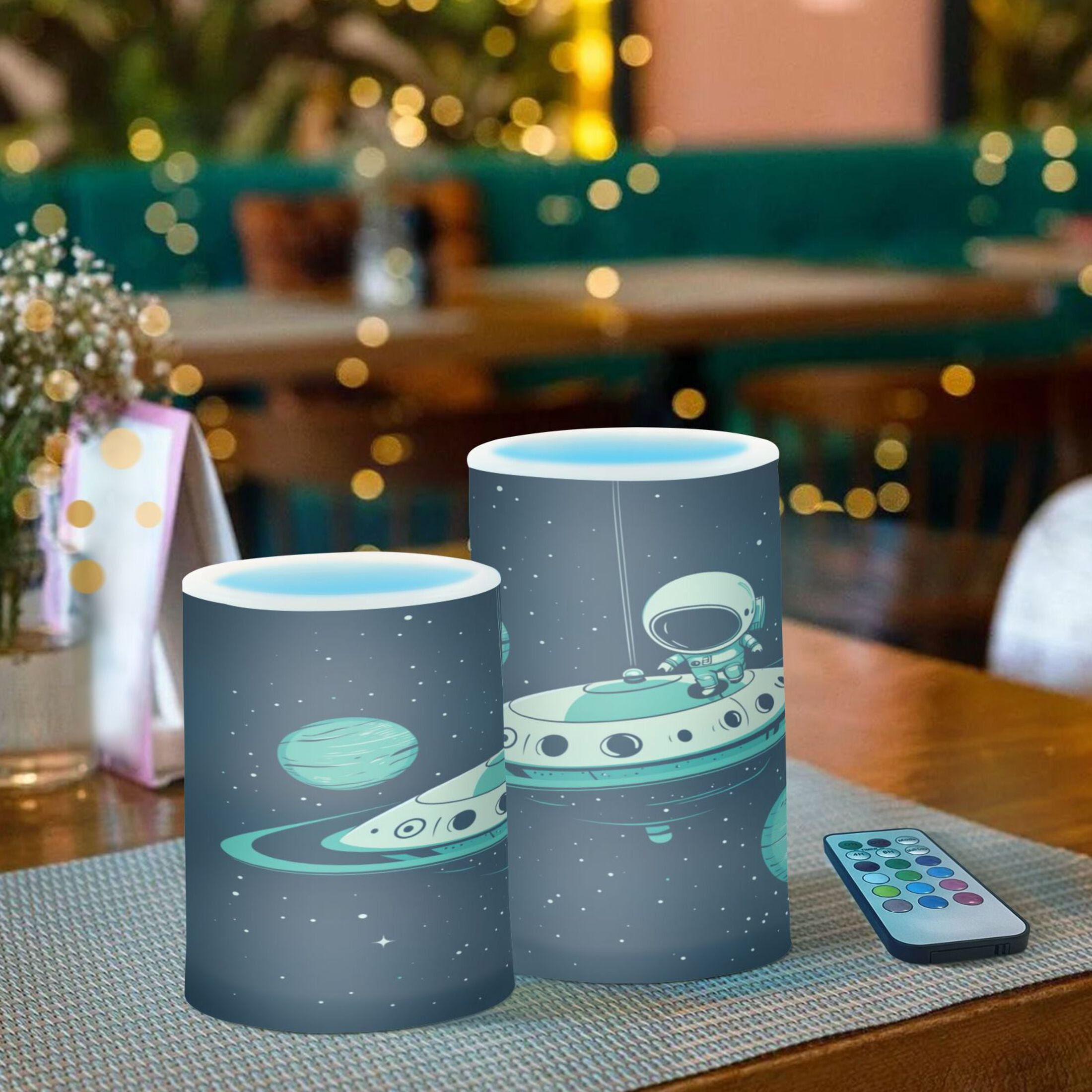 Flameless Candles Lights, Pack of two LED Lights, Dimmable LED Pillar Candles Battery Operated, Flames Remote Control A Cute Little Astronaut