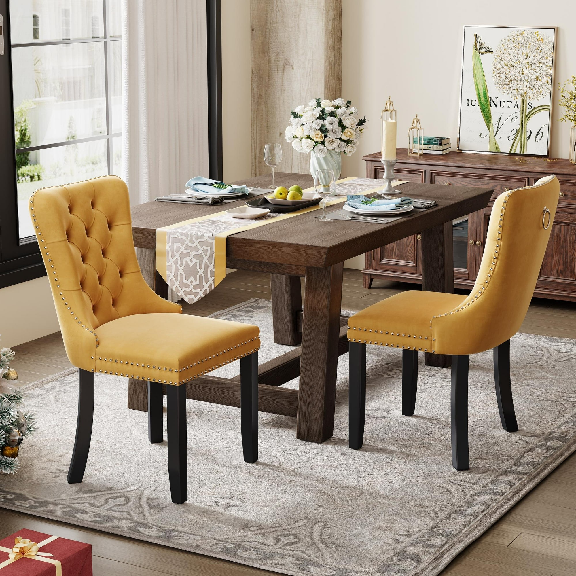 Dining Chairs Set of 2, Upholstered High-End Tufted Dining Room Chair with Back Ring and Nailhead Trim, Modern Velvet Kitchen Chairs with Solid Wood Legs for Kitchen, Home,Gloden