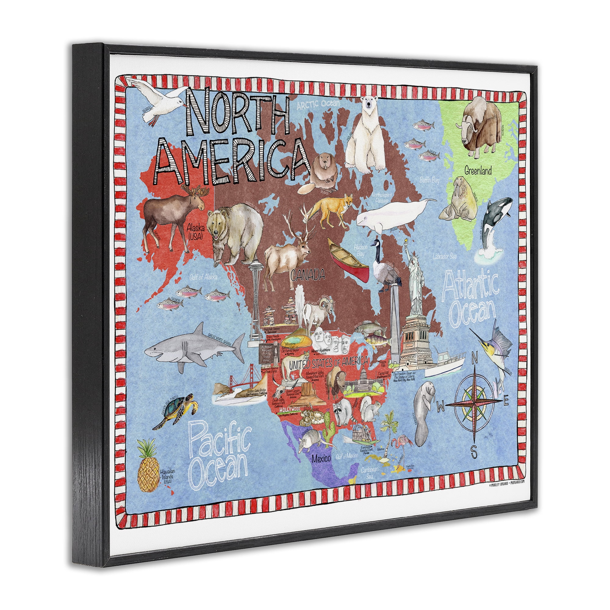 Stupell Industries North America Map Travel & Places Painting Black Framed Art Print Wall Art, 14 x 11
