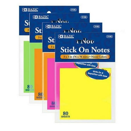 Bazic 5106 80 Ct. 3  X 3  Neon Stick On Notes Case of 24