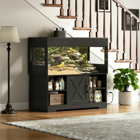 Herture 120 Gallon Reptile Tank with Stand, 4x2x2 Terrarium Enclosure for Bearded Dragons, Snakes, Lizards ?Sliding Acrylic Doors, Mesh Top, Storage Cabinet, Built-in Power Outlet Black PX01RTB