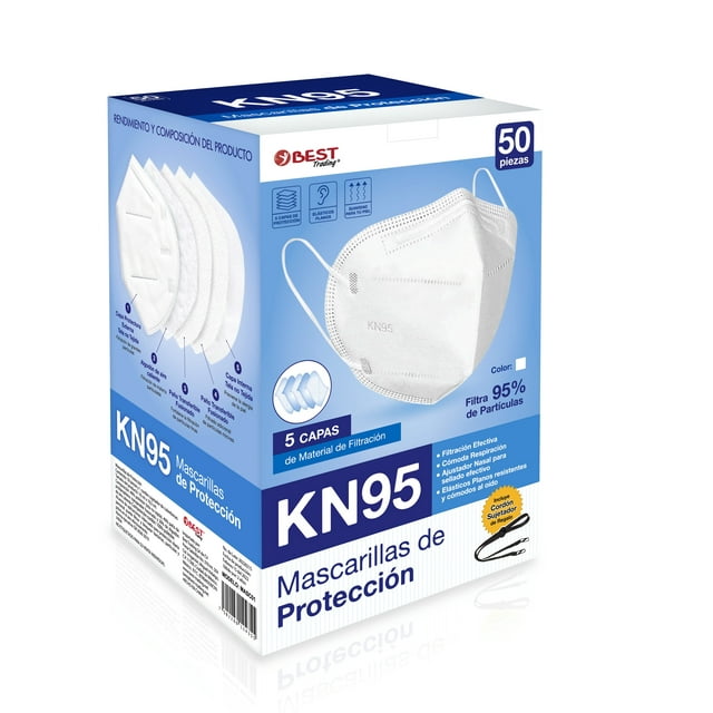 Best Trading 50 Cubrebocas KN95, Mascarilla de Protección Certificada, Tapabocas Individual con 5 Capas de Protección contra Partículas, con Ajustador Nasal Oculto, Tecnología Ligera (Blanco)