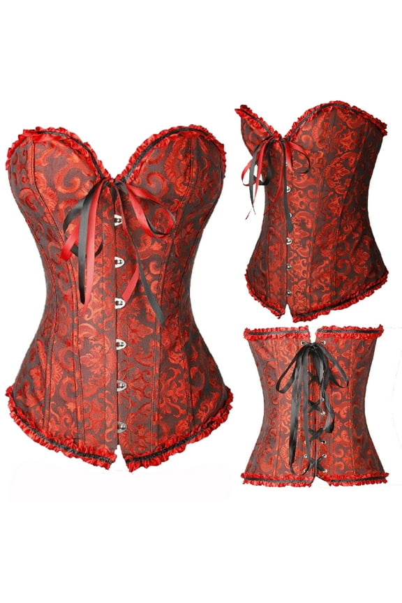 Kiwi-Rata Women's Floral Lace Trim Corset Boned Plus Size Overbust Waist Training Corset Bustier Shaper Top Dark Red L