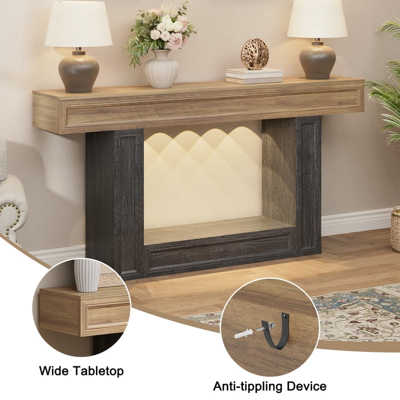 PLAMLE 63 Inch 2-Tier Console Table with Sensor Lights, U-Shaped Base Sofa Table for Entryway, Hallway, Living Room, Foyer, Narrow Small Spaces