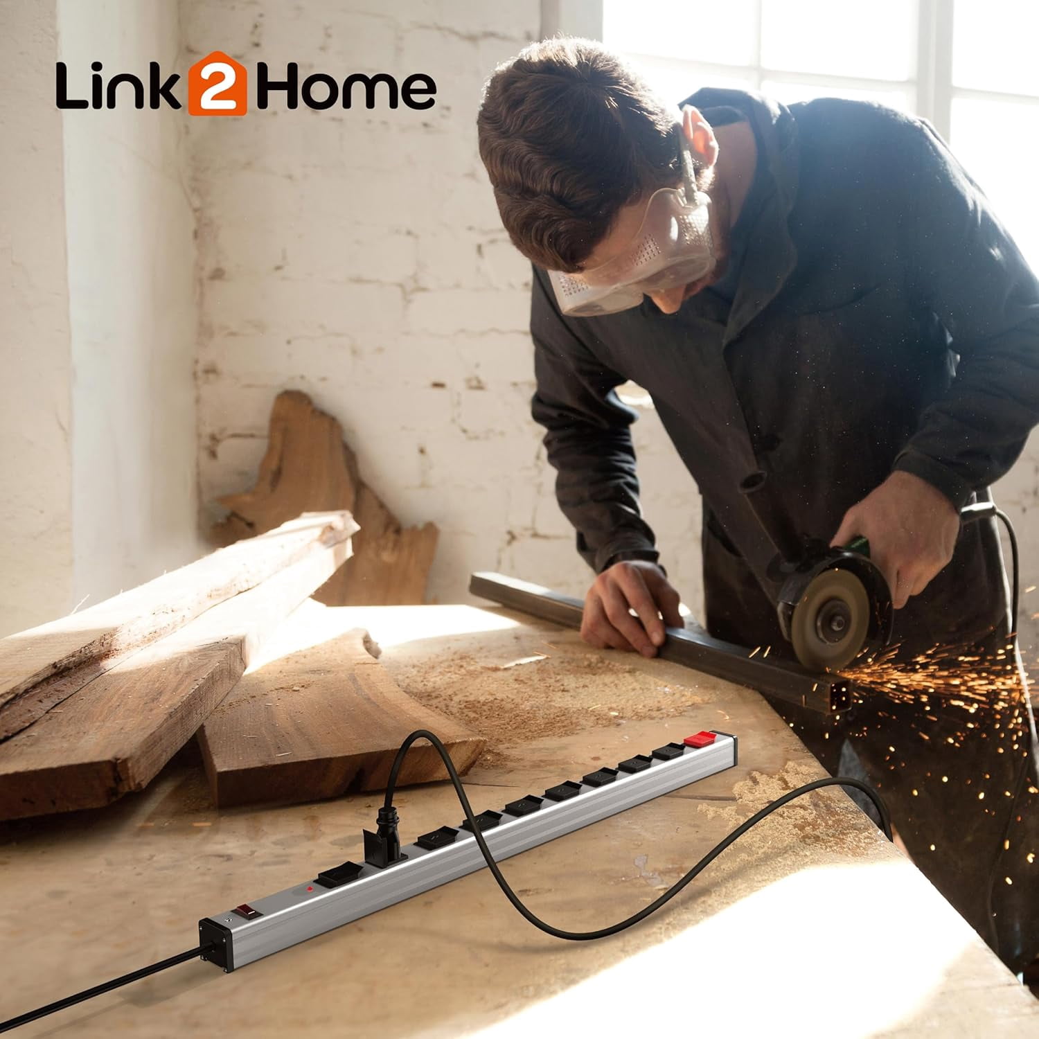 Link2Home 9 Outlets 2 USB Heavy Duty Metal Socket Power Strip,10-Foot Long Extension Cord with Circuit Breaker. Mounting Brackets Included, Workshop/Industrial use