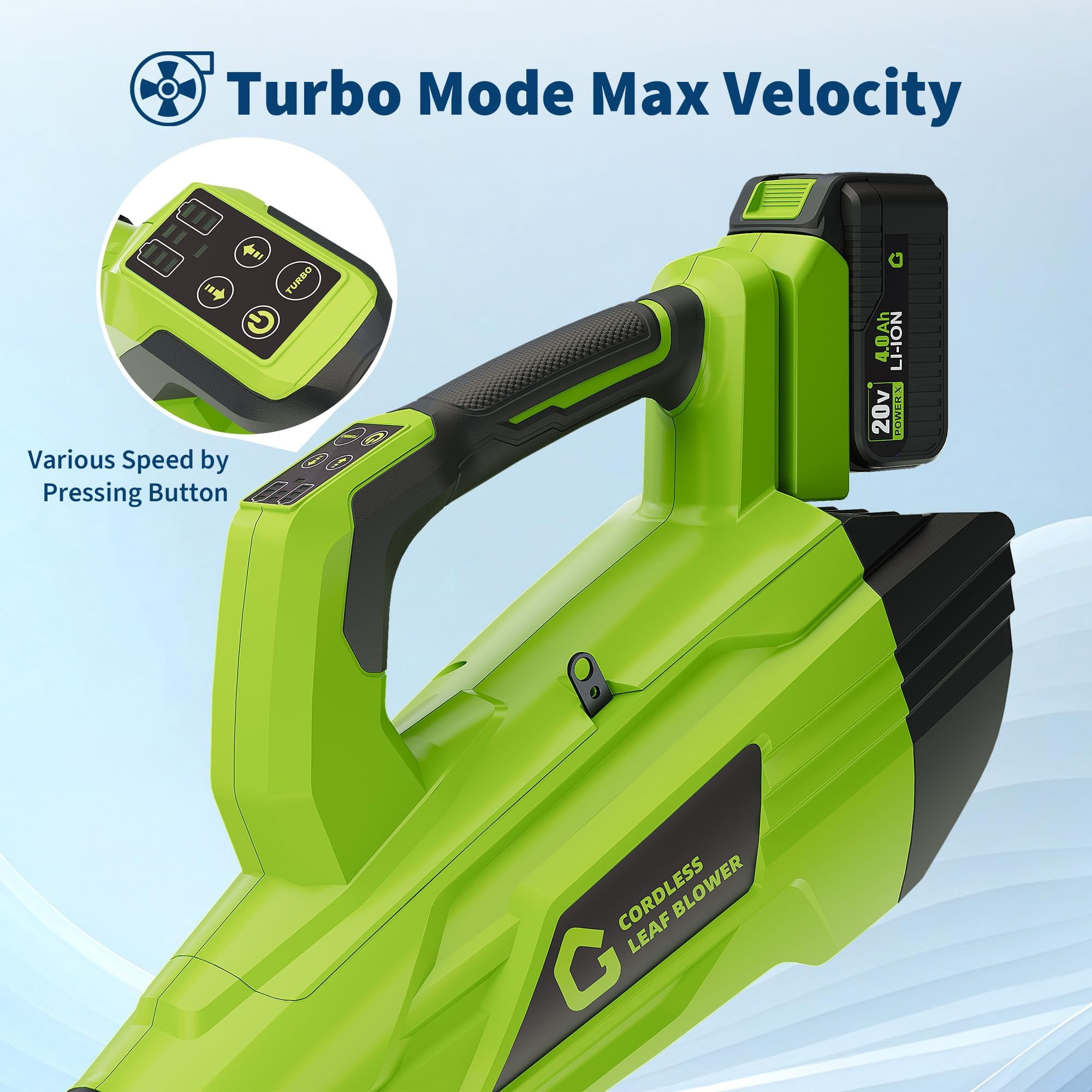 GIMMYFIVE 20V Cordless Leaf Blower with 4.0Ah Battery and Charger, 700 CFM 250 MPH, 6-Speed for Lawn, Yard, Patio