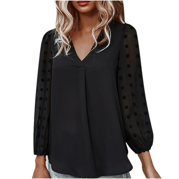 WREESH Womens Chiffon Blouse V Neck Pleated Shirts Patchwork Long Sleeved Pompon Tops Loose Lightweight Business Casual Blouse Black