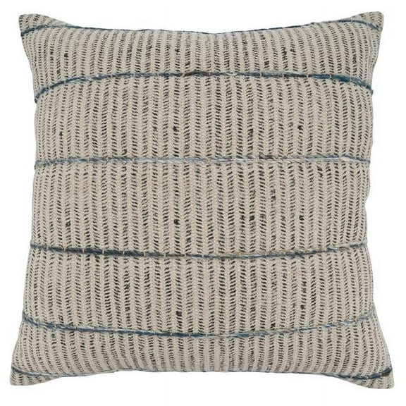 SARO 20 in. Square Blue Stripe Embroidered Block Print Throw Pillow with Down Filling