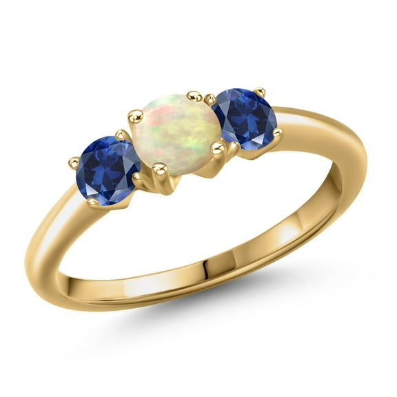 Gem Stone King 18K Yellow Gold Plated Silver White Ethiopian Opal and Blue Created Sapphire Engagement Ring for Women | 0.80 Cttw | Round Cabochon 5MM | Gemstone October Birthstone | Size 7