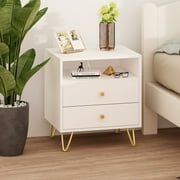 Modern Nightstand with 2 Drawer and Open Shelf, Elegant Bedside Night Stand, End Side Table for Bedroom, Living Room, Small Space, White