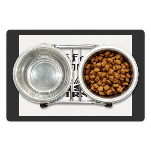 Eat Dessert First Pet Mat for Food and Water, Greyscale Food Words Theme Calligraphy in Square Frame, Non-Slip Rubber Mat for Dogs and Cats, 18" X 12", by Ambesonne