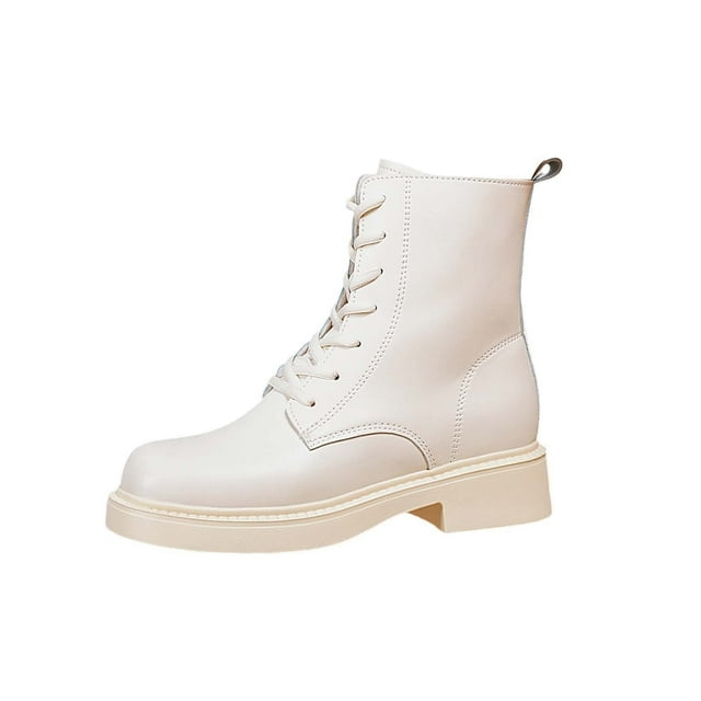 LOVZFMLL Bottes pour Femmes Mi-Mollet Bottes de Combat à Lacets Bout Rond Sangles Ajustables Talon Bas Épais Style Français Automne Hiver