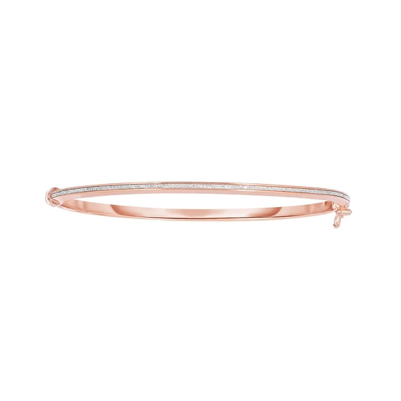 14K Rose Gold 2.9mm Shiny Oval Shape Bangle with Side Clasp and White Glitter