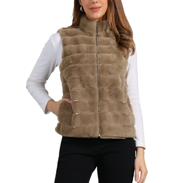 INSPIRE CHIC Chaleco de piel sintética elegante sin mangas con cremallera para mujeres, ideal para uso casual, color caqui, talla M