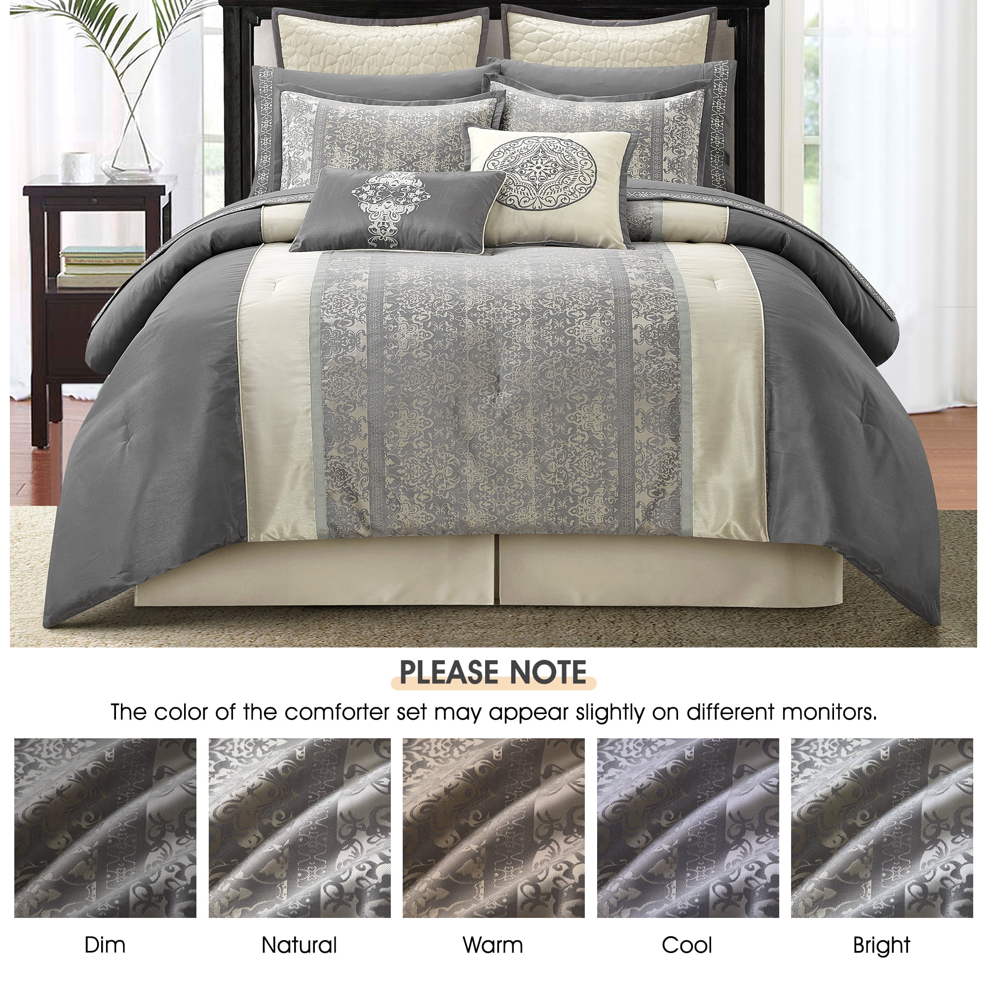 Lanco Silver & Ivory Comforter Set California King Size, Classic Jacquard Bedding Sets, Faux Silk, Premium Microfiber, 12 Pieces Bed in a Bag, Matching Fitted Sheet, Flat Sheet